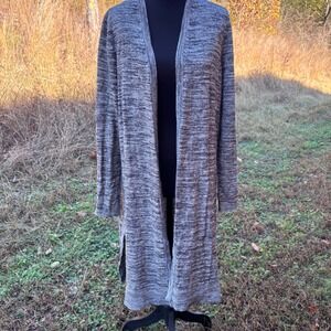 Talbots Petite Lg Long Cardigan Sweater Duster Knit Open Front heathered black